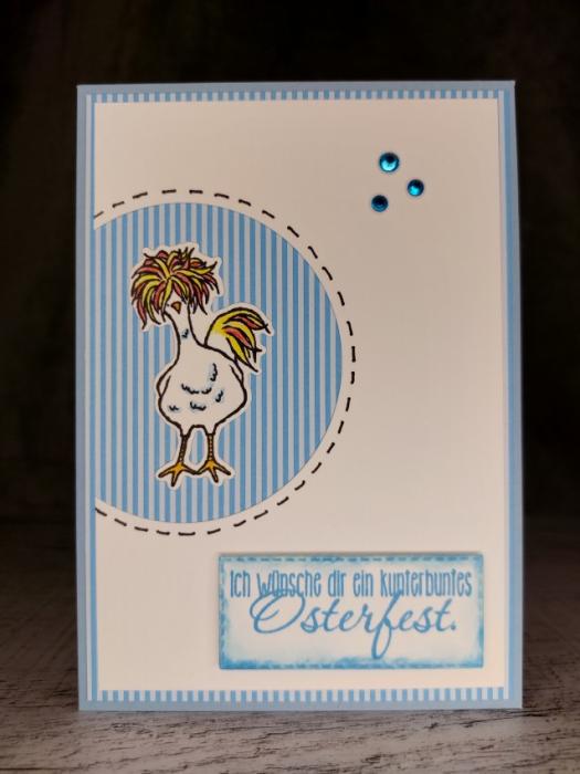 Grußkarte Osterfest Huhn blau handgemacht